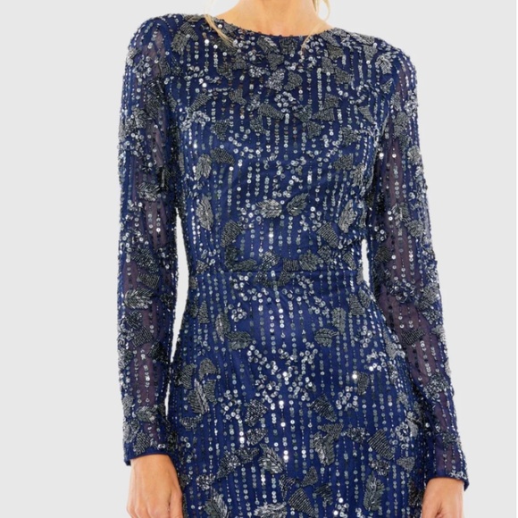 MAC DUGGAL 5988 MIDNIGHT NAVY HIGH NECK LONG SLEEVE EMBELLISHED MIDI DRESS sz 12 - Picture 4 of 5